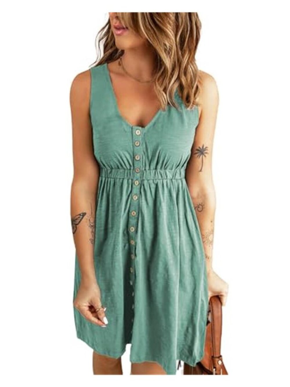 Green Mini Sun Dress Sleeveless Crewneck Flowy Beach Vacation Summer
